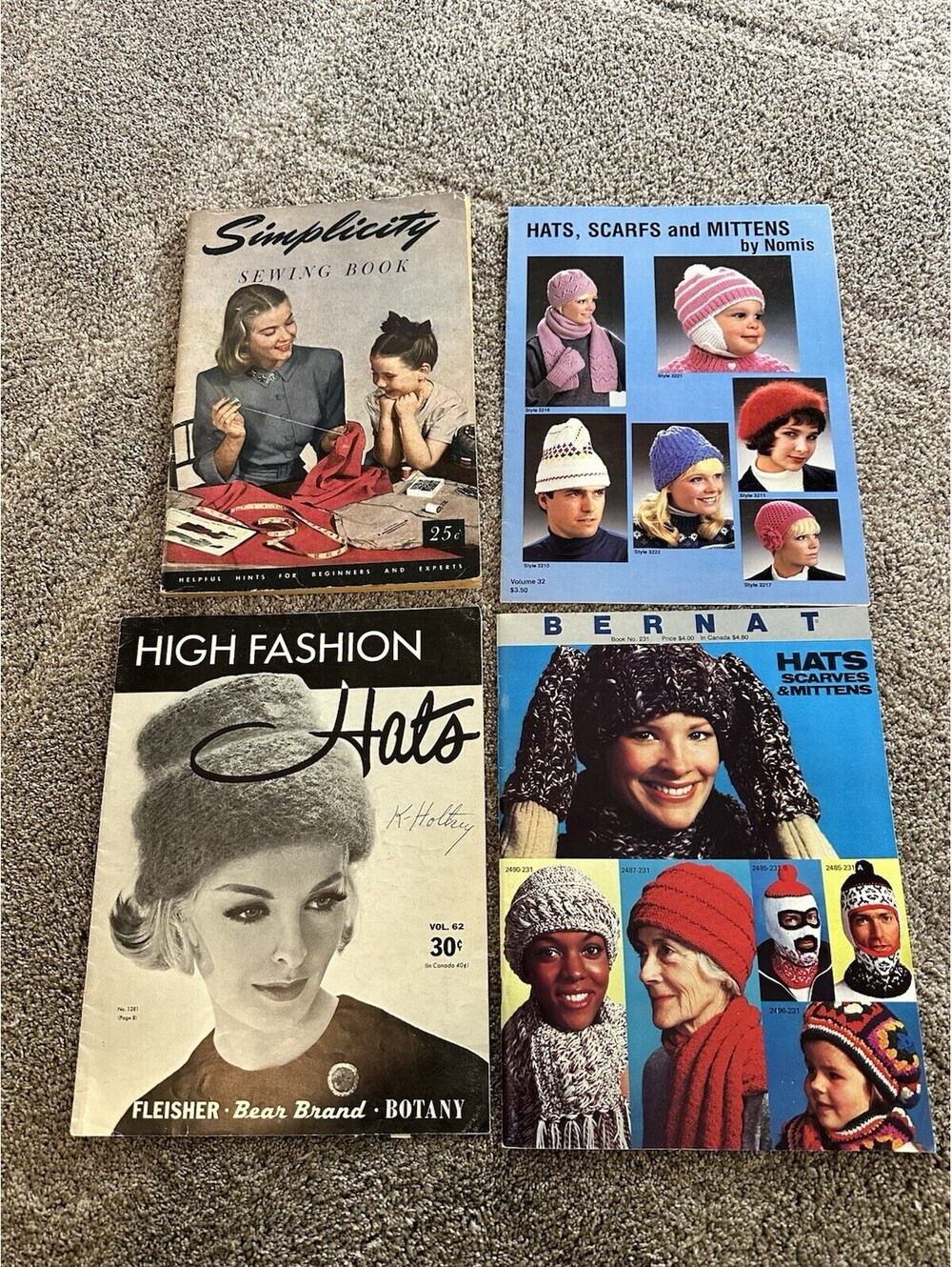 Lot 4 Vintage Hats Scarfs Mittens Knit Crochet Pattern Leaflets & Books